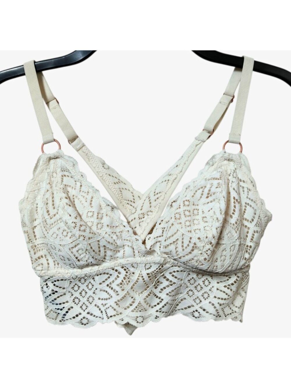 Aerie Women’s Small Ivory Lace Longline Bralette Strappy Criss Cross Back Padded